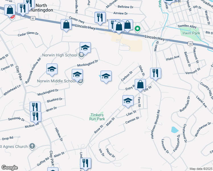 map of restaurants, bars, coffee shops, grocery stores, and more near 791 Entry Road in North Huntingdon