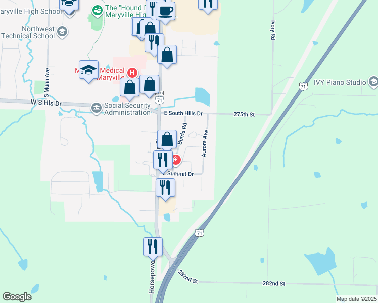 map of restaurants, bars, coffee shops, grocery stores, and more near 2514 Aurora Avenue in Maryville