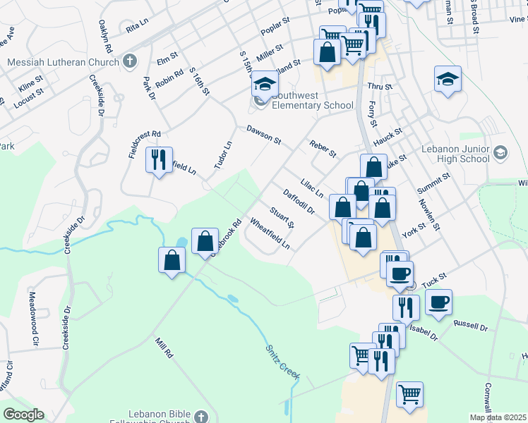 map of restaurants, bars, coffee shops, grocery stores, and more near 206 Stuart Street in Lebanon
