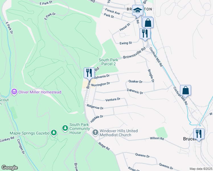 map of restaurants, bars, coffee shops, grocery stores, and more near 130 Norrington Drive in Pittsburgh