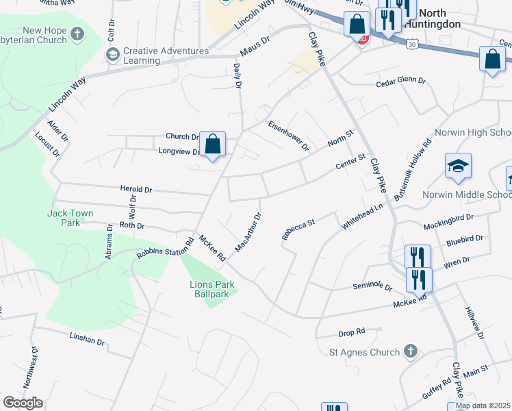 map of restaurants, bars, coffee shops, grocery stores, and more near 12020 Center Street in Irwin