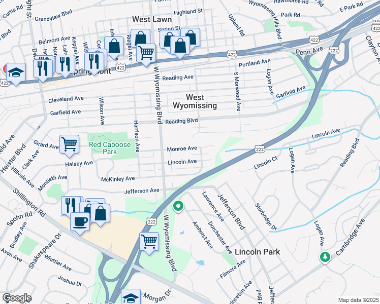 map of restaurants, bars, coffee shops, grocery stores, and more near 2224 Monroe Avenue in West Lawn