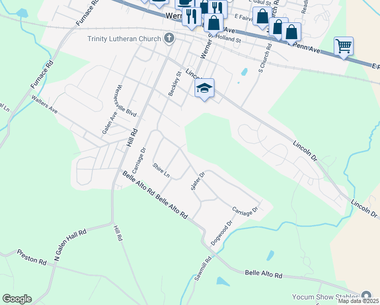 map of restaurants, bars, coffee shops, grocery stores, and more near 208 Carriage Dr in Wernersville