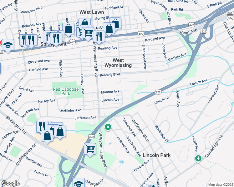 map of restaurants, bars, coffee shops, grocery stores, and more near 2220 Monroe Avenue in West Lawn