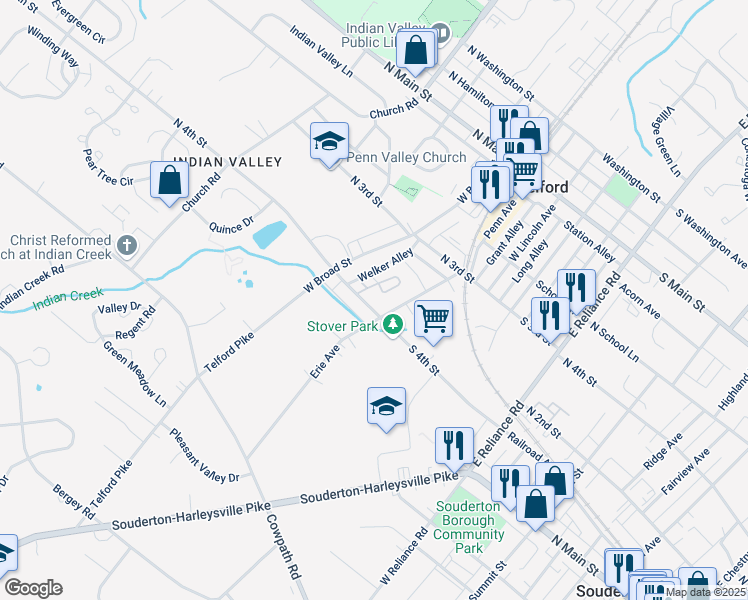 map of restaurants, bars, coffee shops, grocery stores, and more near 140 North 4th Street in Telford