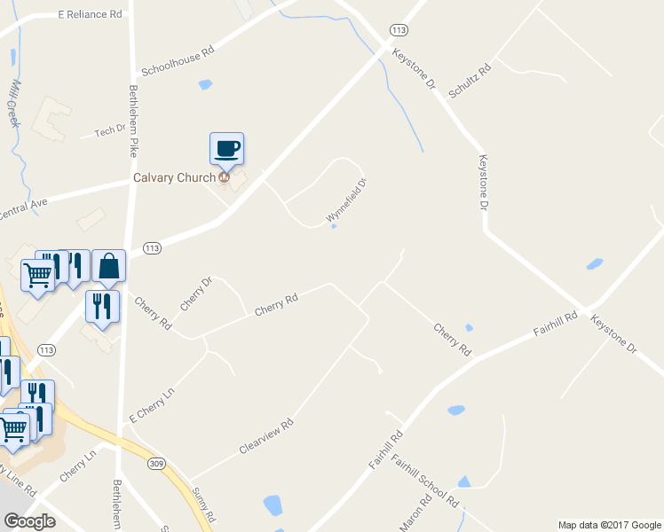 map of restaurants, bars, coffee shops, grocery stores, and more near 567 Cherry Road in Souderton