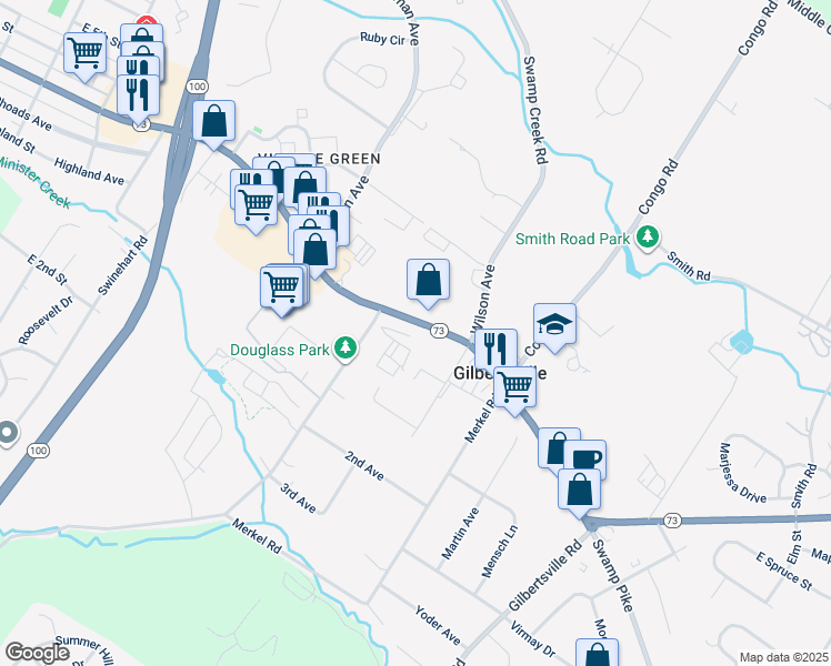 map of restaurants, bars, coffee shops, grocery stores, and more near 1232 East Philadelphia Avenue in Gilbertsville