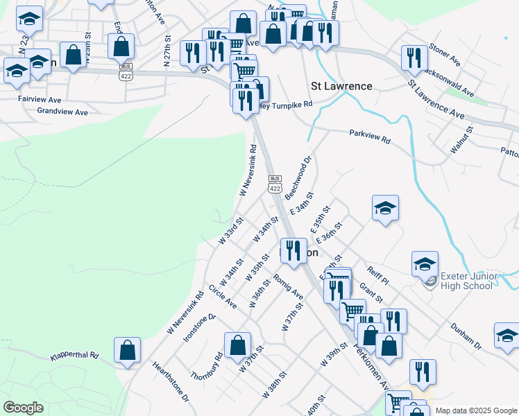 map of restaurants, bars, coffee shops, grocery stores, and more near 25 West 33rd Street in Reading