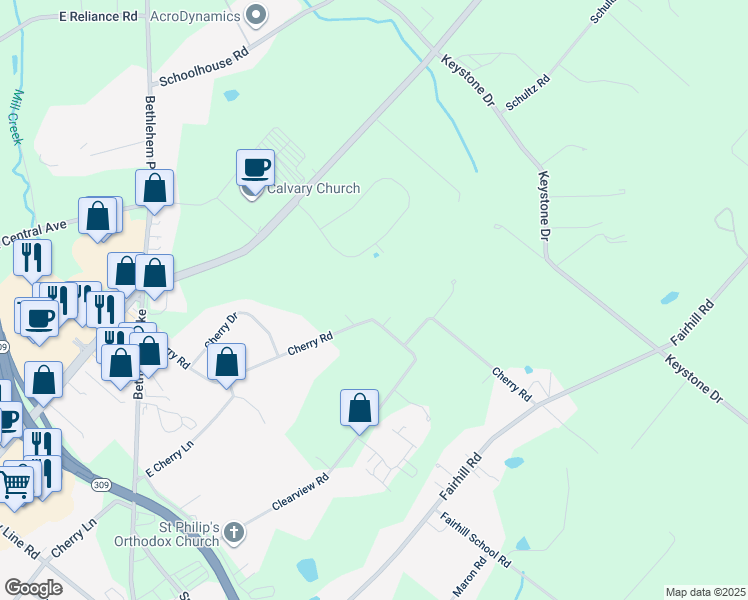 map of restaurants, bars, coffee shops, grocery stores, and more near 567 Cherry Road in Souderton