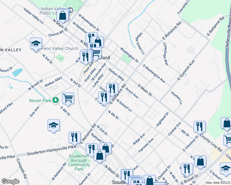 map of restaurants, bars, coffee shops, grocery stores, and more near 203 School Lane in Telford