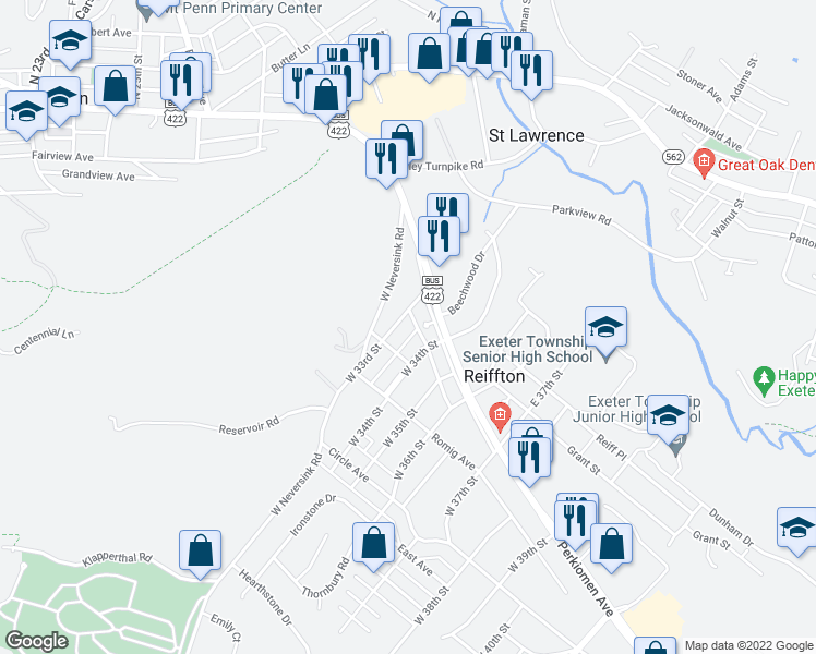 map of restaurants, bars, coffee shops, grocery stores, and more near 25 West 33rd Street in Reading