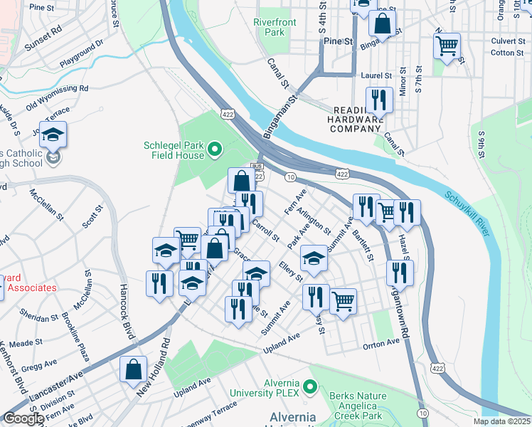 map of restaurants, bars, coffee shops, grocery stores, and more near 34 Crestmont Street in Reading