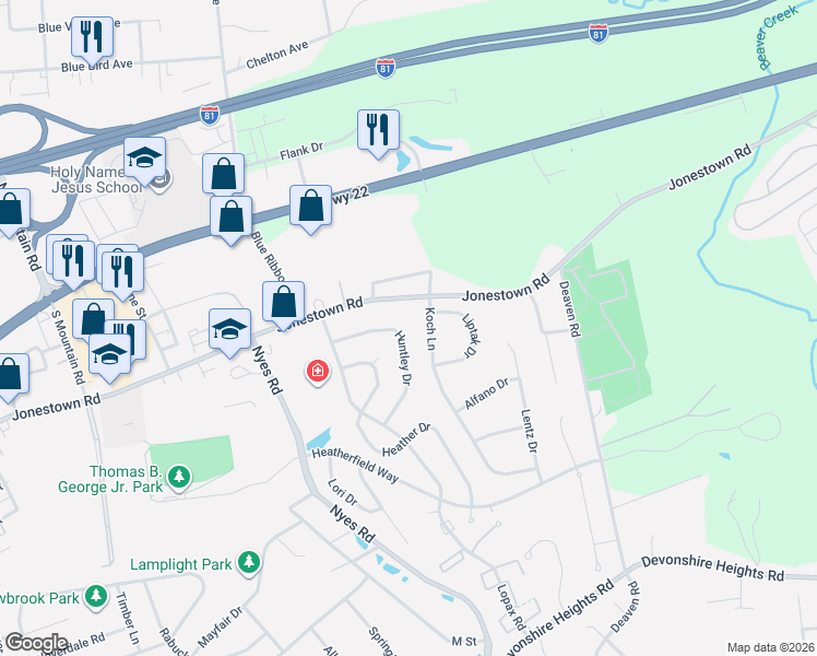 map of restaurants, bars, coffee shops, grocery stores, and more near 104 Koch Lane in Harrisburg