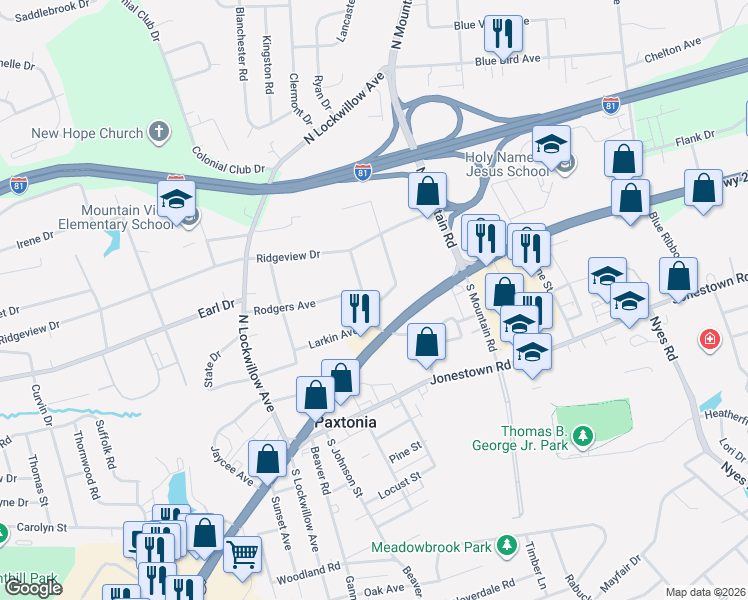 map of restaurants, bars, coffee shops, grocery stores, and more near 5607 Stradford Drive in Harrisburg