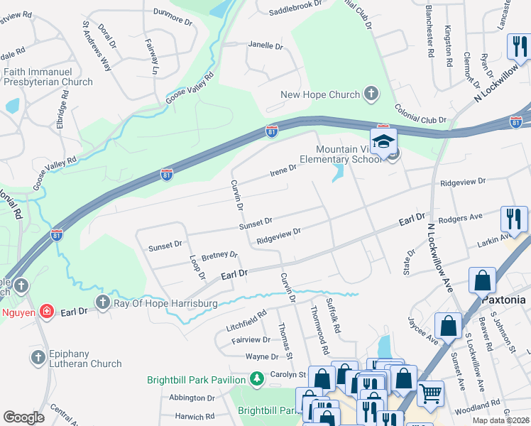 map of restaurants, bars, coffee shops, grocery stores, and more near 5112 Sunset Drive in Harrisburg