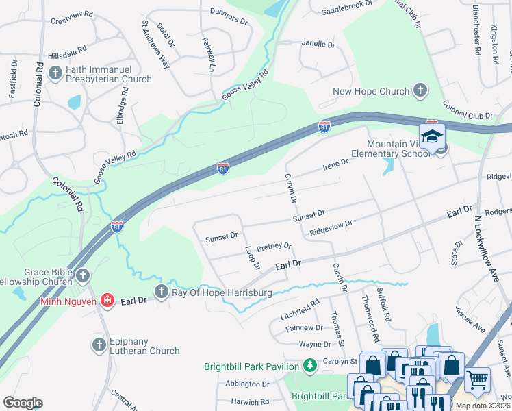 map of restaurants, bars, coffee shops, grocery stores, and more near 5013 Circle Drive in Harrisburg