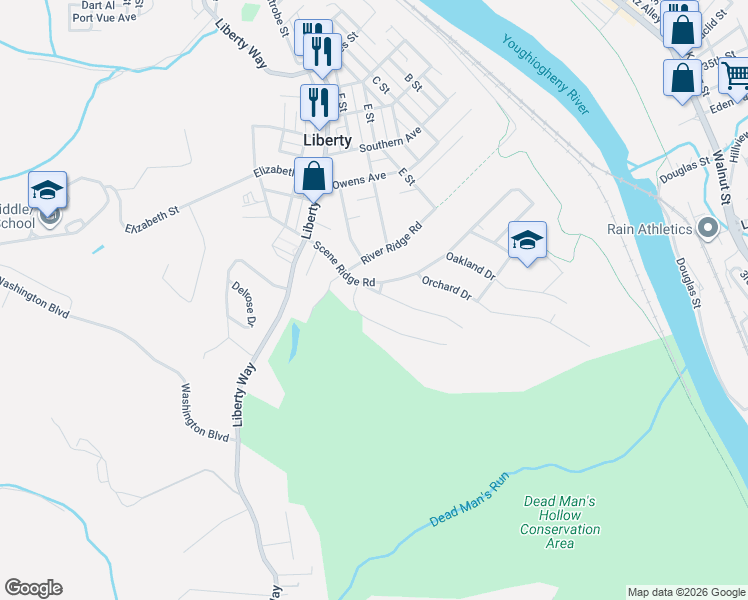 map of restaurants, bars, coffee shops, grocery stores, and more near 511 Scene Ridge Road in McKeesport