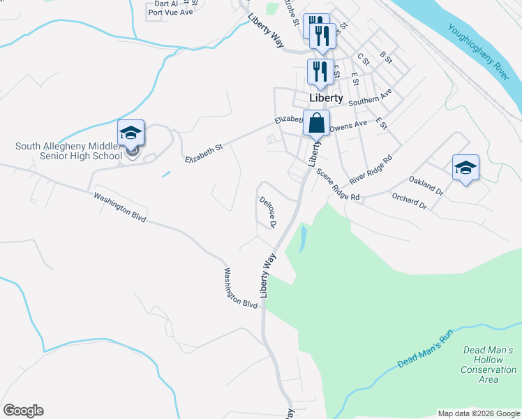 map of restaurants, bars, coffee shops, grocery stores, and more near 109 Delrose Drive in McKeesport