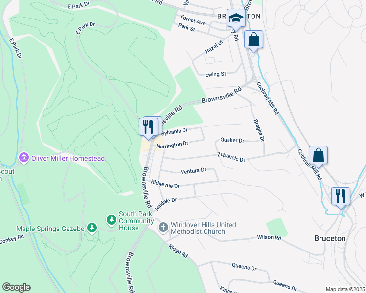 map of restaurants, bars, coffee shops, grocery stores, and more near 130 Norrington Drive in Pittsburgh