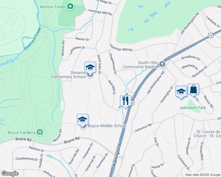 map of restaurants, bars, coffee shops, grocery stores, and more near 1638 Red Mill Drive in Pittsburgh