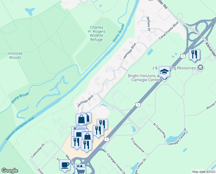 map of restaurants, bars, coffee shops, grocery stores, and more near 111 Worlidge Court in Princeton