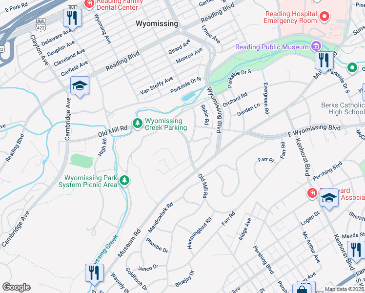map of restaurants, bars, coffee shops, grocery stores, and more near 1124 Old Mill Road in Wyomissing