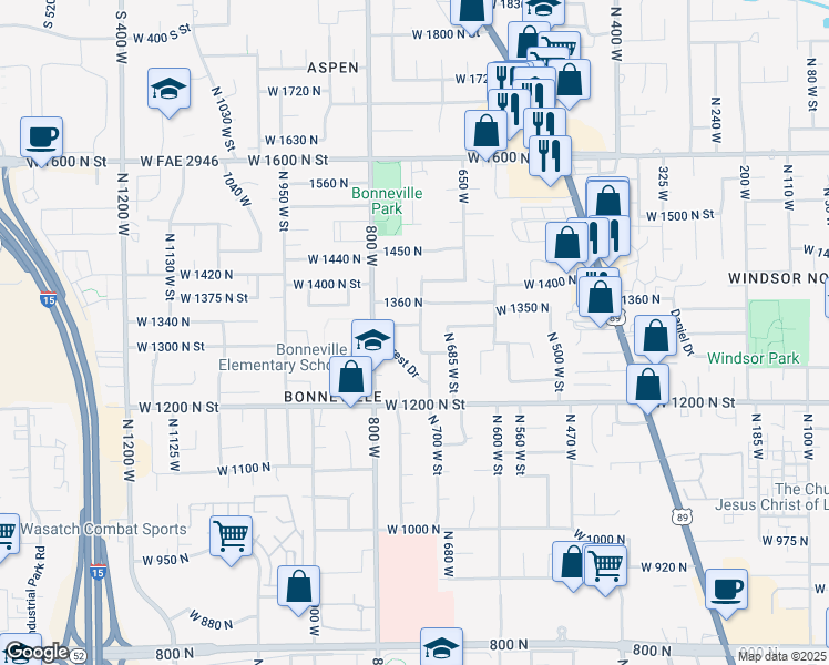 map of restaurants, bars, coffee shops, grocery stores, and more near 1319 North 725 West Street in Orem