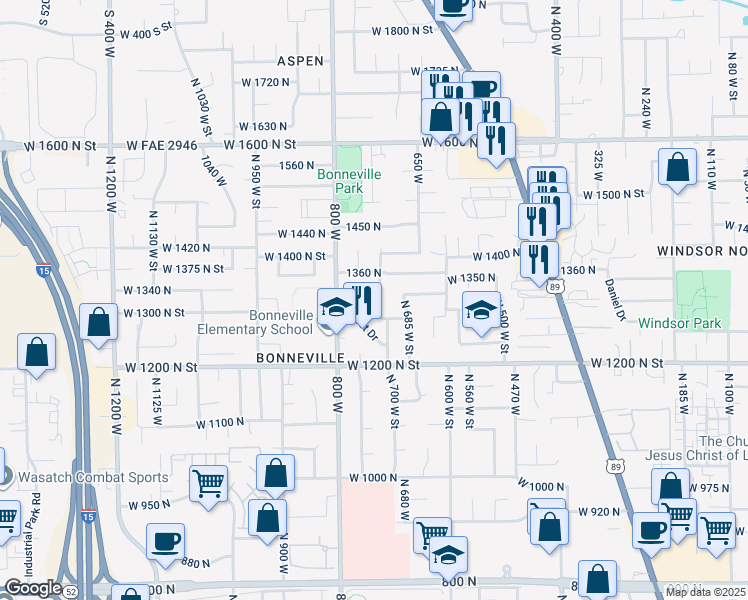 map of restaurants, bars, coffee shops, grocery stores, and more near 1319 North 725 West Street in Orem