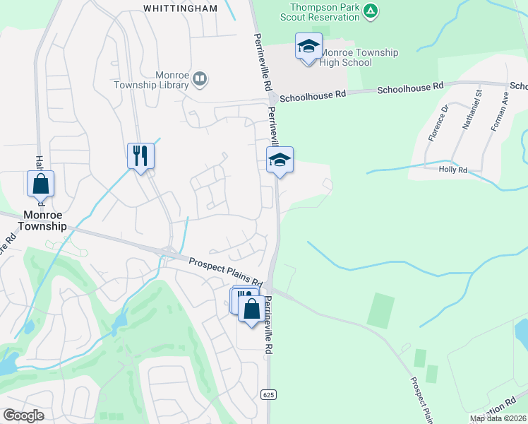 map of restaurants, bars, coffee shops, grocery stores, and more near 36 Winthrop Road in Monroe Township