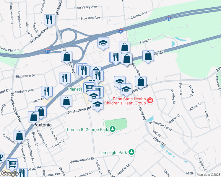 map of restaurants, bars, coffee shops, grocery stores, and more near in Harrisburg