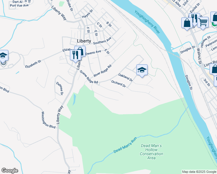map of restaurants, bars, coffee shops, grocery stores, and more near 3202 Orchard Drive in McKeesport