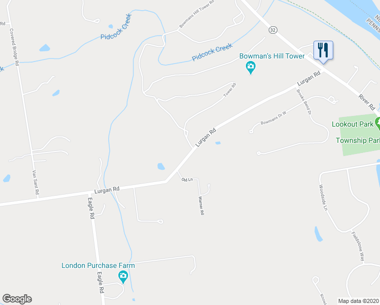 map of restaurants, bars, coffee shops, grocery stores, and more near 486 Lurgan Road in New Hope