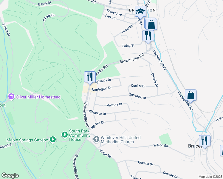 map of restaurants, bars, coffee shops, grocery stores, and more near 130 Norrington Drive in Pittsburgh