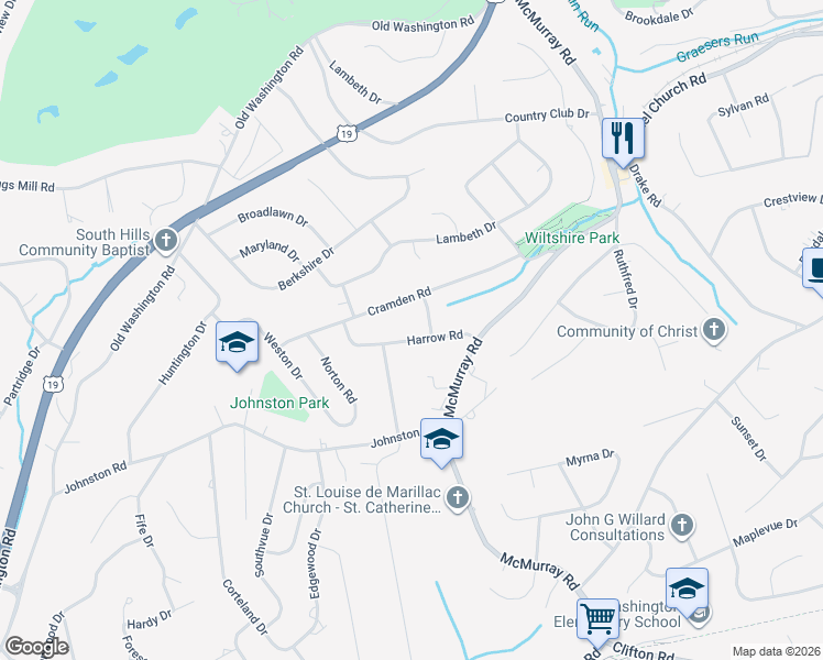 map of restaurants, bars, coffee shops, grocery stores, and more near 114 Sandhurst Road in Pittsburgh