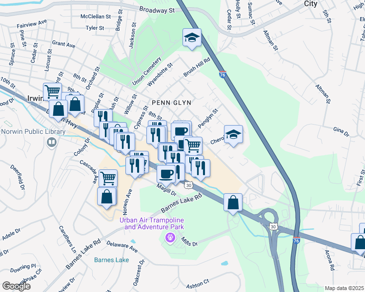 map of restaurants, bars, coffee shops, grocery stores, and more near 8931 Route 30 in Irwin