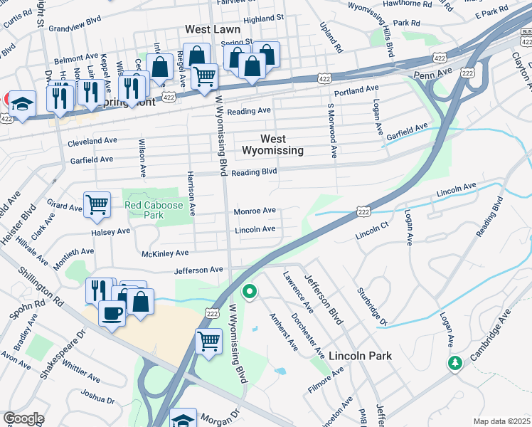 map of restaurants, bars, coffee shops, grocery stores, and more near 2224 Monroe Avenue in West Lawn