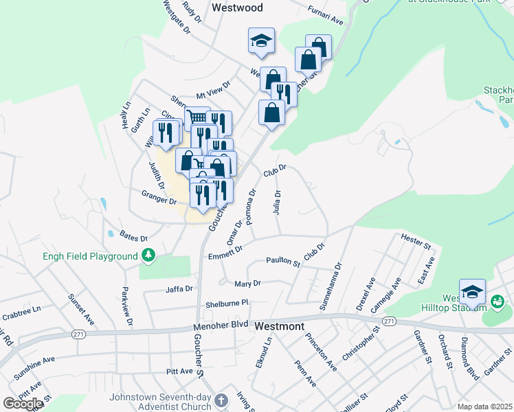 map of restaurants, bars, coffee shops, grocery stores, and more near 900-998 Julia Dr in Johnstown