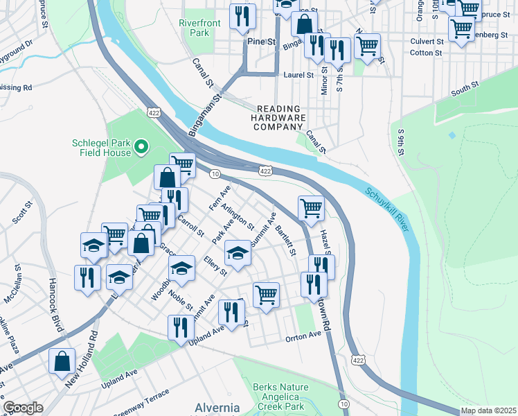 map of restaurants, bars, coffee shops, grocery stores, and more near 217 Bartlett Street in Reading