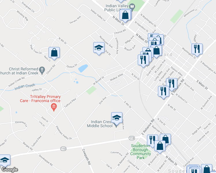 map of restaurants, bars, coffee shops, grocery stores, and more near 140 North 4th Street in Telford