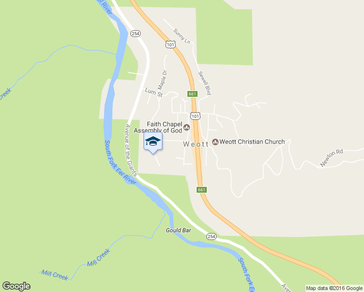map of restaurants, bars, coffee shops, grocery stores, and more near 110 Weott Heights Road in Weott