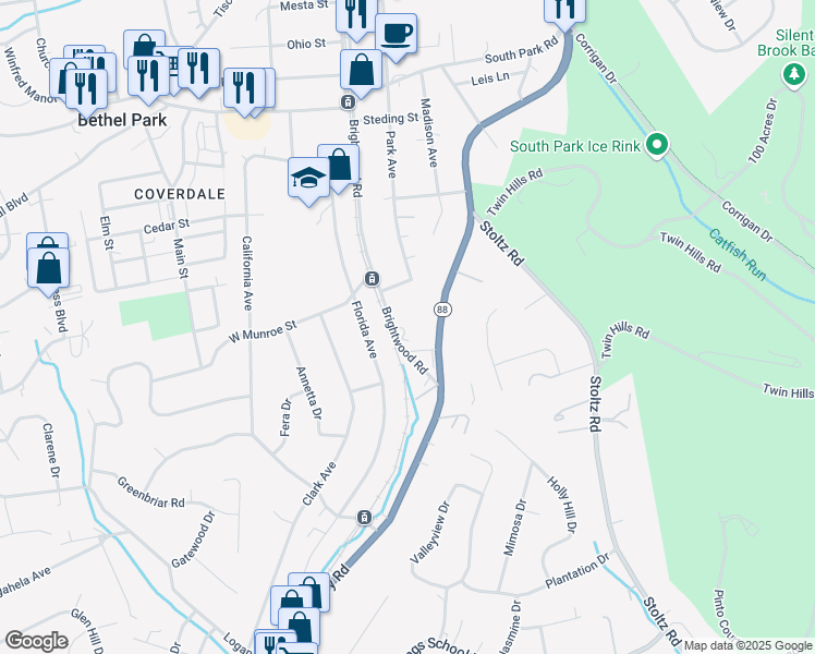 map of restaurants, bars, coffee shops, grocery stores, and more near 5533 Brightwood Road in Bethel Park