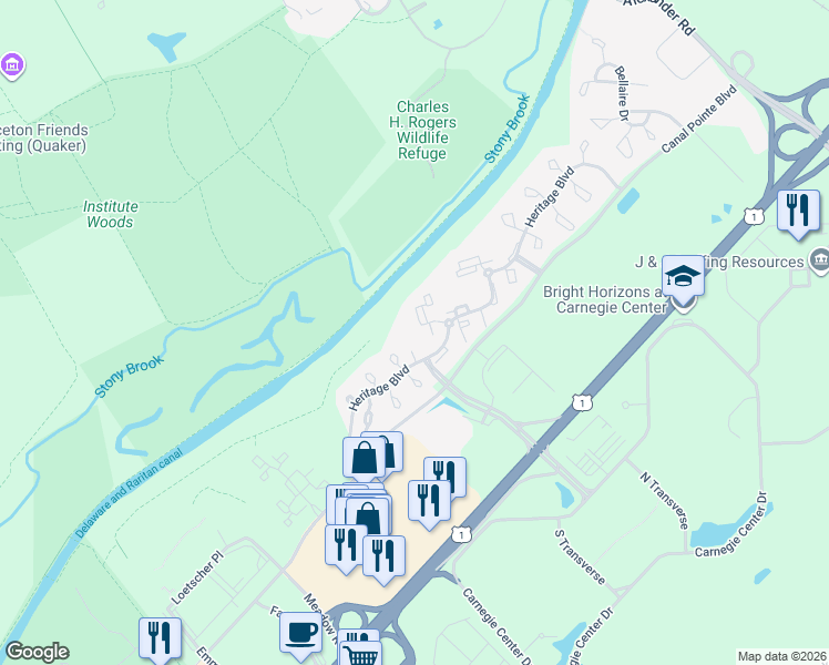 map of restaurants, bars, coffee shops, grocery stores, and more near 306 Trinity Court in Princeton