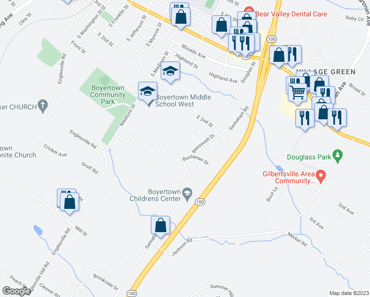 map of restaurants, bars, coffee shops, grocery stores, and more near 176 Estate Road in Boyertown