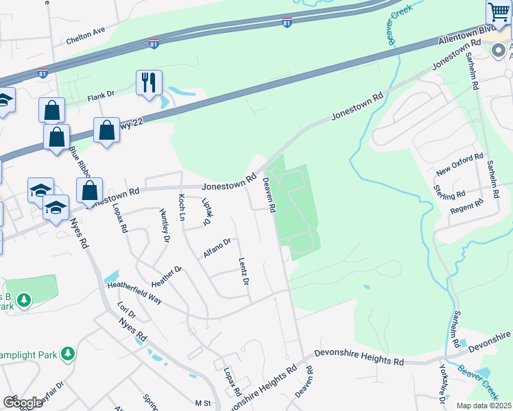 map of restaurants, bars, coffee shops, grocery stores, and more near 107 Centerfield Drive in Harrisburg