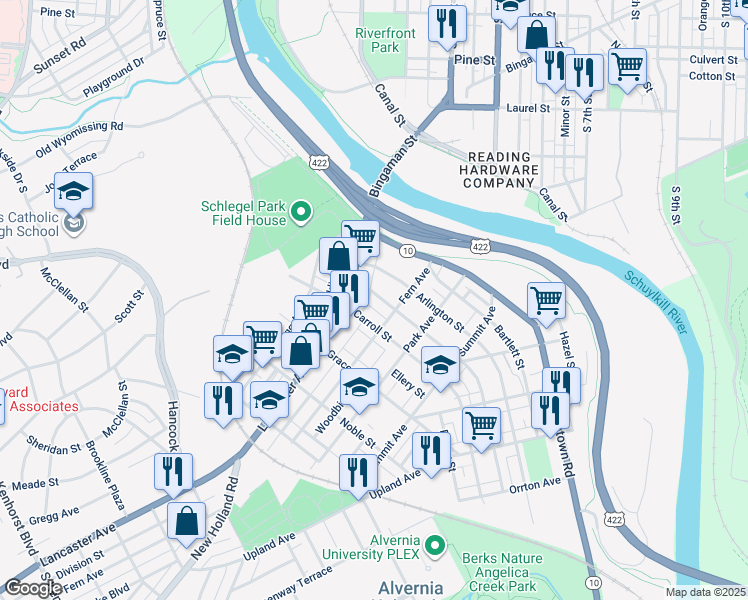 map of restaurants, bars, coffee shops, grocery stores, and more near 34 Crestmont Street in Reading