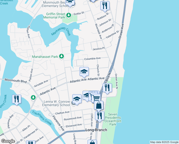map of restaurants, bars, coffee shops, grocery stores, and more near 84 White St in Long Branch