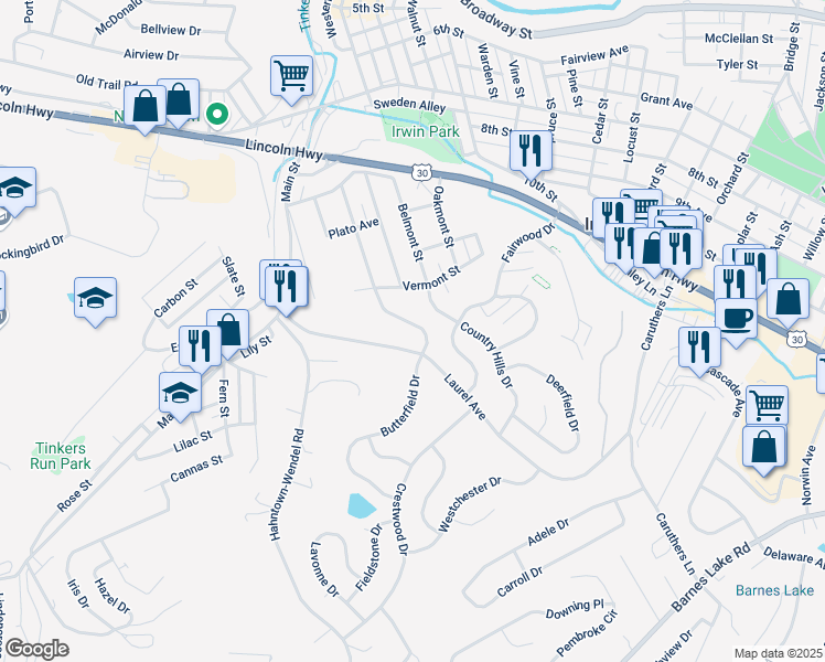 map of restaurants, bars, coffee shops, grocery stores, and more near 1649 Arona Road in Irwin