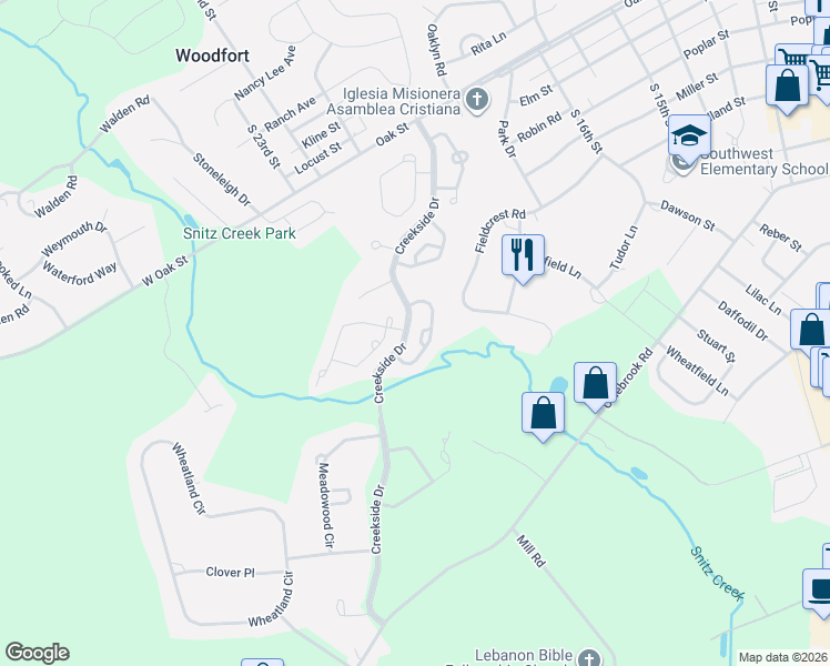 map of restaurants, bars, coffee shops, grocery stores, and more near 525 Waterside Circle in Lebanon