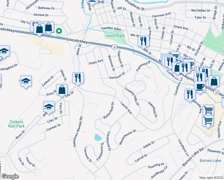 map of restaurants, bars, coffee shops, grocery stores, and more near 1649 Arona Road in Irwin