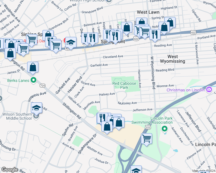 map of restaurants, bars, coffee shops, grocery stores, and more near 2516 Girard Avenue in Reading
